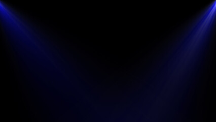 Two blue spotlights shine brightly from the top corners onto a studio stage, casting a cool and dramatic glow against the black background