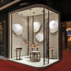 there is a display of a display case with a table and chairs