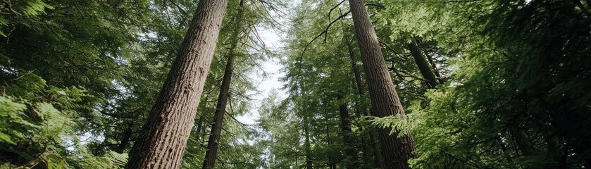 Obraz premium Lush Green Forest with Tall Trees Reaching Towards the Bright Sky in a Tranquil Natural Setting