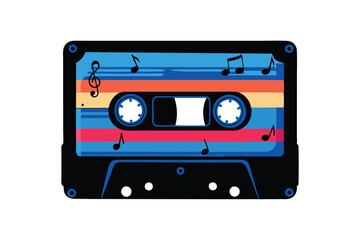 Design a vibrant, retro 80s-style cassette tape illustration featuring bold neon colors and geometric patterns.