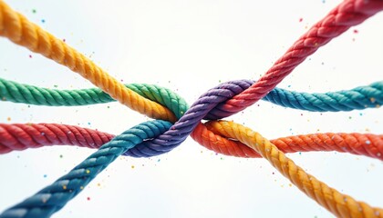 Intertwined colorful ropes symbolize team unity, connection, strength. Diverse group collaboration, interdependence, support. Knot represents partnership, integration, teamwork, togetherness,