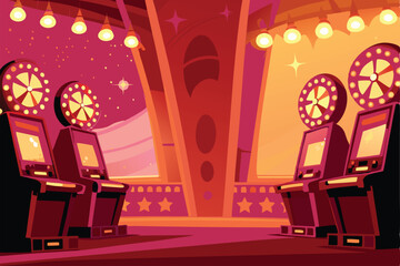 Create a vibrant retro casino vector illustration featuring a vintage slot machine, incorporating classic design elements like cherries and sevens.