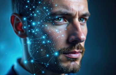 Man portrait overlaid with network pattern, concept for digital identity, biometric data, AI tech. Futuristic human interface, cybersecurity, face recognition, data privacy, digital transformation