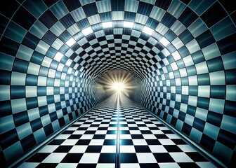 Naklejka premium Checkerboard Tunnel Optical Illusion, Bright Light, 3D Effect