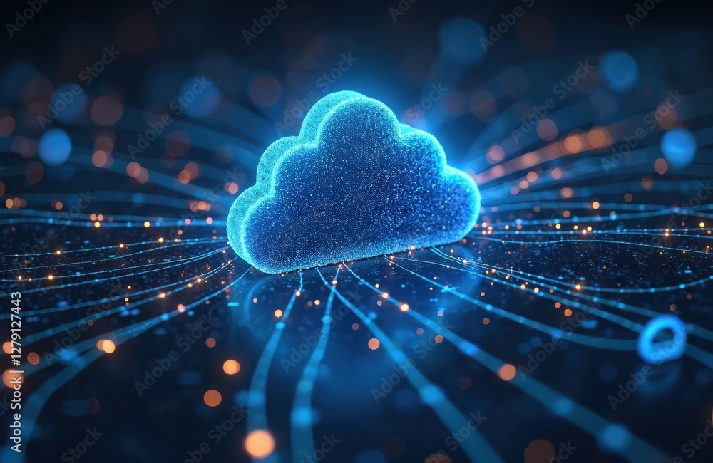 Poster illustration of data transfer cloud computing tech concept. prominent blue cloud icon in center with