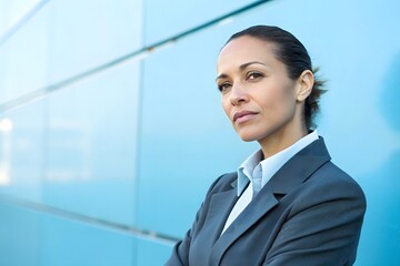 Young Business woman in a stylish suit on blue background