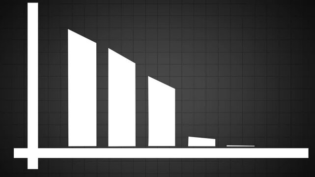 Falling trend chart. Abstract decreasing business graph white bars with yellow arrow animation background