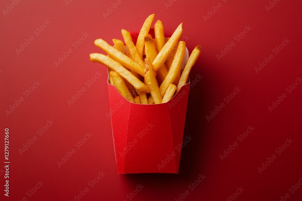 Poster french fries served in a red cardboard container on a red background, creating a bold and appetizing