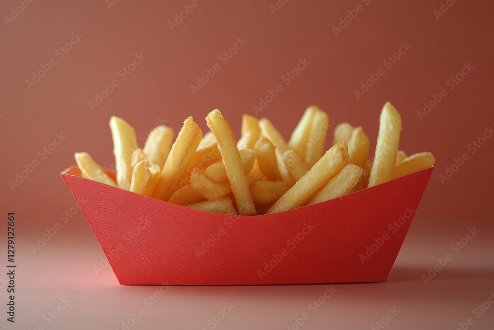 Poster french fries spilling out of a red cardboard container on a seamless red background, creating a visu