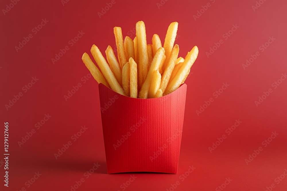 Poster french fries served in a red cardboard container on a red background, creating a bold and appetizing