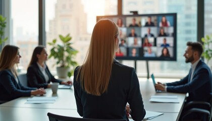 Female executive guides hybrid meeting, diverse team. In-person, virtual communication blend, dynamic work environment. Pro presentation, coaching, modern workplace tech solutions showcase