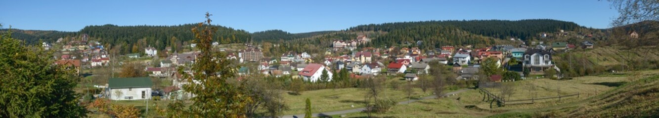 Panoramic view above neighborhood Stav from Panteleimon park, Skhidnytsia, Ukraine.
