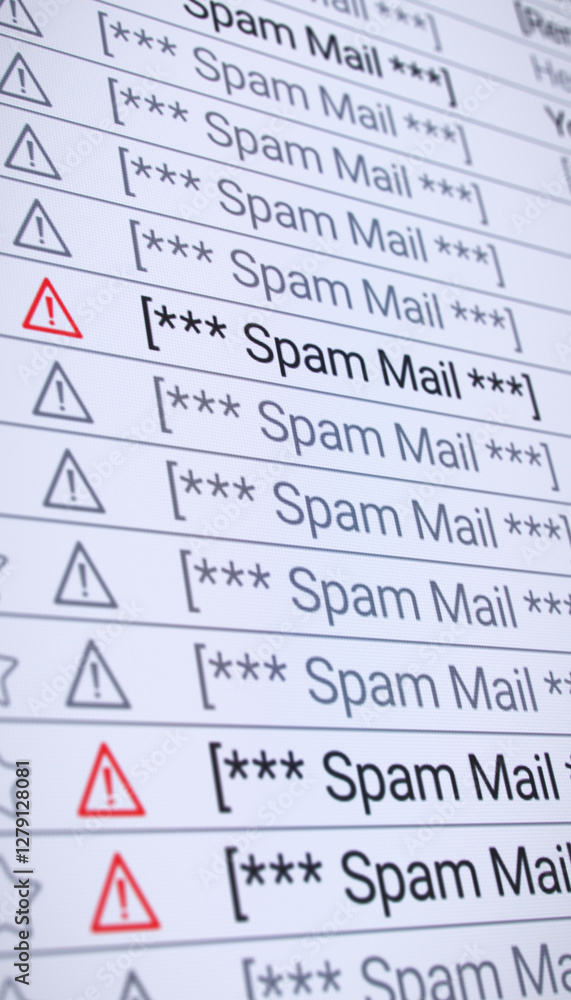 Poster vertical illustration of a list in the internet browser with detected spam emails - close-up.