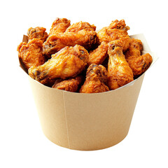 Tasty fried chicken wings in paper bucket isolated on transparent background