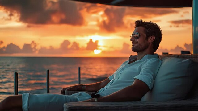 A relaxed man gazing at the sunset over the ocean from a boat. Concept of peace and self-reflection