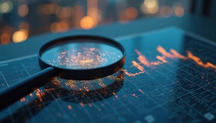 Magnifying lens enhances graph display showing economy status. Financial analysis, market trends. Generative AI tool supports technical trading, highlights currency exchange rates, banking,