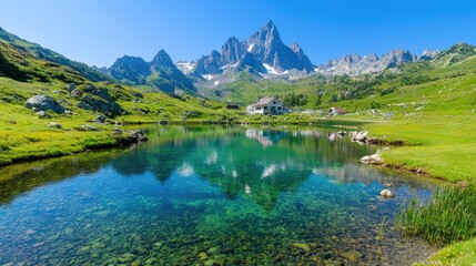Alpine lake reflecting mountain peak, peaceful chalet