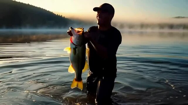 Man Catching Largemouth Bass in Foggy Lake at Sunrise