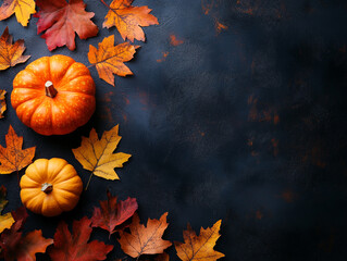 Thanksgiving and Autumn decoration concept made from autumn leaves and pumpkin on dark background.