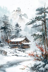 Naklejka premium A serene snowy landscape featuring a cozy cabin surrounded by majestic mountains.