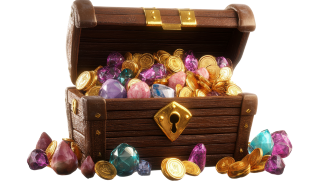 3D rendering of an open wooden treasure chest isolated on white background 