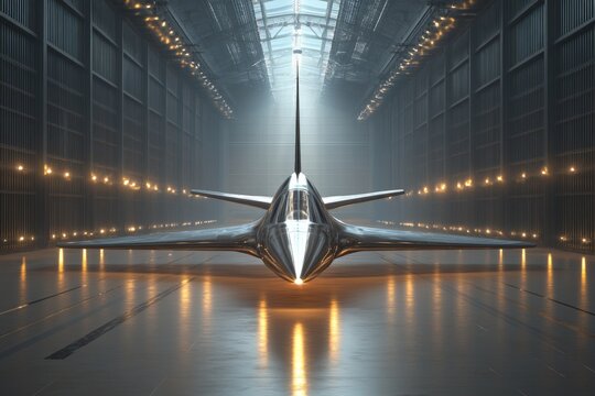 Sleek futuristic spaceship in illuminated corridor with sci-fi lighting