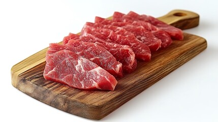 Obraz premium Slices of raw beef meat on a wooden cutting board