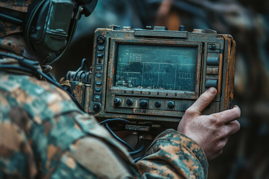 Soldier operating a robust, weathered military computer displaying complex data, potentially for communication or strategic planning during a field operation