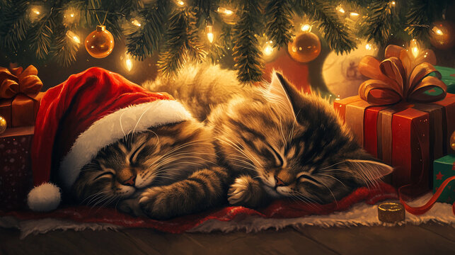 The kitty wear the Christmas hat and sleep under Christmas tree in the warming house.