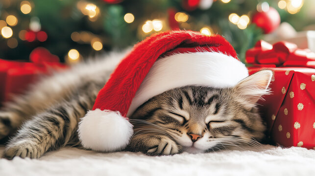The kitty wear the Christmas hat and sleep under Christmas tree in the warming house.