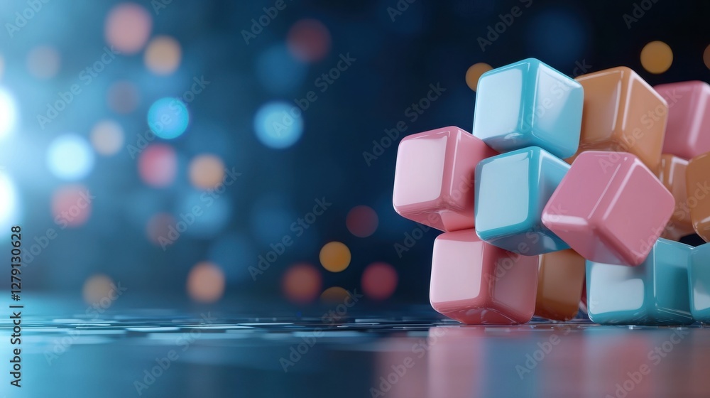 Poster dynamic flow of colorful geometric cubes and prisms