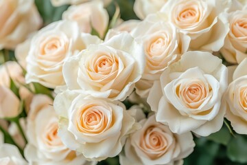 A beautiful arrangement of white roses elegantly displayed in a glass vase, showcasing their delicate petals and fresh greenery.
