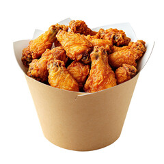 Tasty fried chicken wings in paper bucket isolated on transparent background
