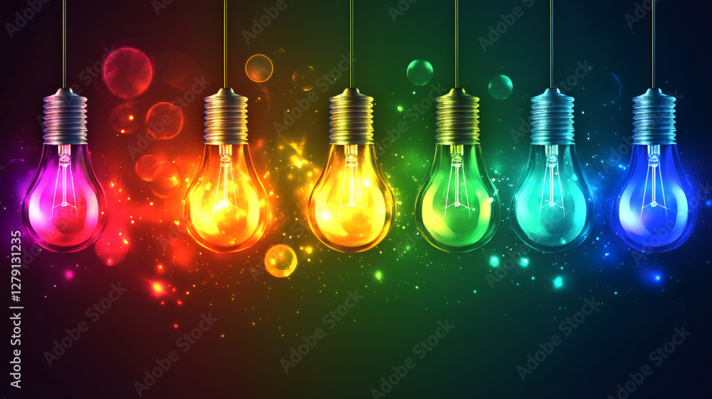Aufkleber Seven colorful light bulbs hanging and glowing in the dark with bokeh effect on background represent creativity and ideas