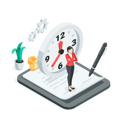 isometric vector business woman near watch and tablet with document, in color on white background, signing temporary contract or agreement