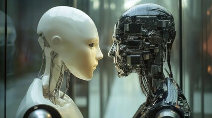 Two human like robots looking at each other black and white