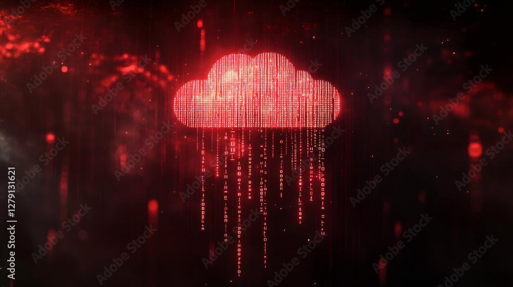 Fototapete Binary rain cascading from a red cloud, illustrating concepts of cloud computing and security in the digital age of data protection