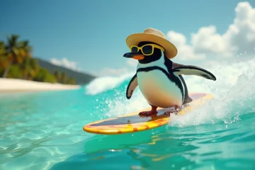 Fototapete A penguin in sunglasses and a straw hat surfs on an ocean wave on a bright summer day © Ekaterina