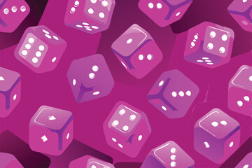 Create a seamless vector pattern featuring realistically rendered tumbling dice, showcasing a dynamic, energetic design with a focus on the number one (1) prominently displayed on at least one die.
