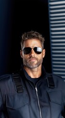 Obraz premium Serious male pilot wearing aviator sunglasses poses confidently against a white background for a stock photo
