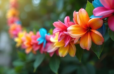 Fototapeta premium Close-up of tropical Hawaii garland flowers, vibrant colors. Flower necklace lei for Hawaiian welcome tradition, summer vacation. Floral blossom exotic Polynesia party, tropical paradise lifestyle.