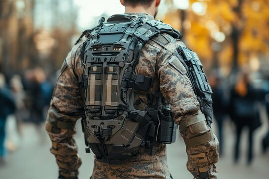 Soldier wearing an exoskeleton in an urban setting showcases advanced military technology