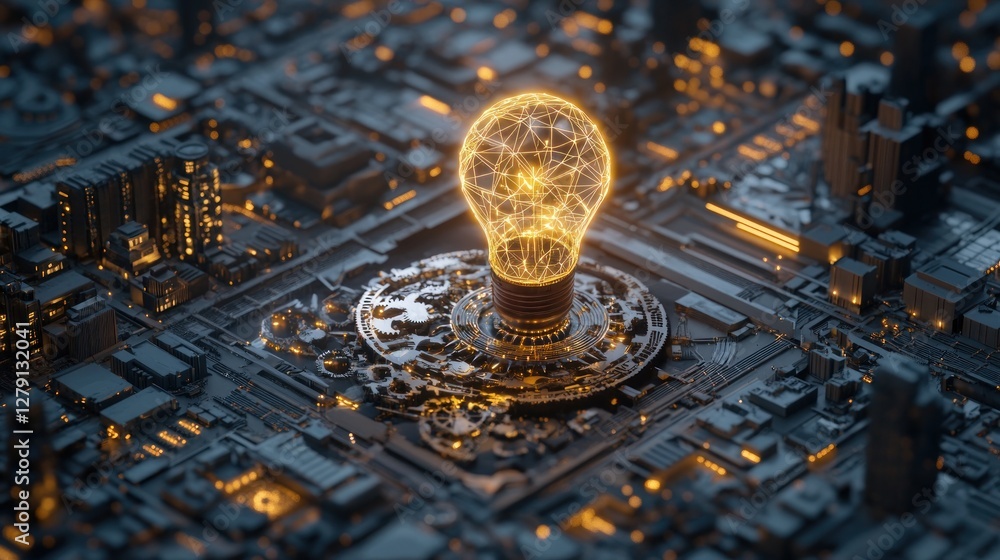 Poster illuminated lightbulb in complex technological circuitry