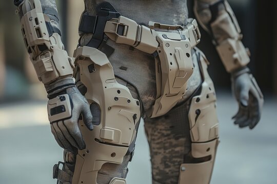 Close-up of military exoskeleton worn by soldier, enhancing strength and mobility in futuristic combat scenario - Powered by Adobe