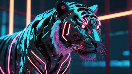 A cybernetic tiger with neon glowing stripes, futuristic 3D rendering, sci-fi environment.