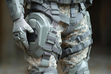 Close-up of a soldier adjusting futuristic combat gear, showcasing advanced protective armor and tactical enhancements