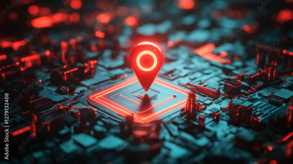 Aufkleber Glowing red location pin hovering above luminous digital circuit board, symbolizing geolocation technology