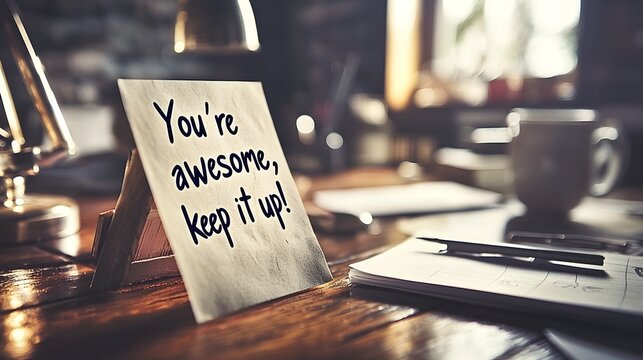 Handwritten Motivational Message on Wooden Desk    You re Awesome Keep It Up  Note for Workplace Office or Business Encouragement