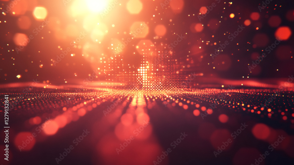Aufkleber Red glowing particles floating and forming a wavy surface with bokeh effect and sun flare in the background