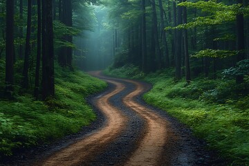 Fototapeta premium Serene Winding Forest Path in Misty Woods